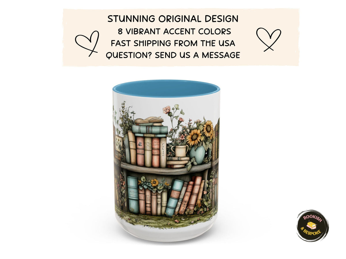 Sunflower Bookshelf Mug, Cozy Reading Gift, Literary Lover Ceramic Cup