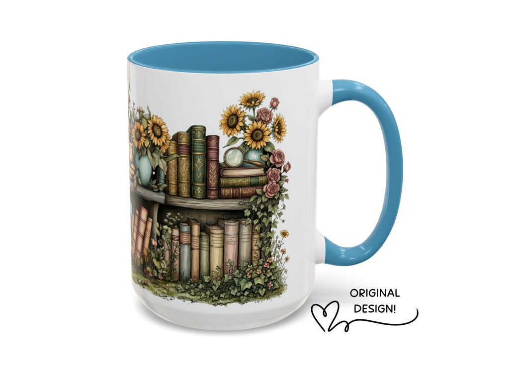 Sunflower Bookshelf Mug, Cozy Reading Gift, Literary Lover Ceramic Cup