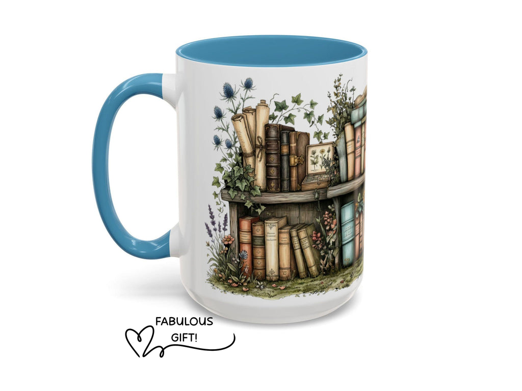 Sunflower Bookshelf Mug, Cozy Reading Gift, Literary Lover Ceramic Cup