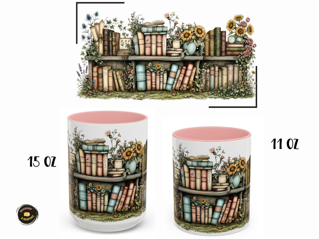 Sunflower Bookshelf Mug, Cozy Reading Gift, Literary Lover Ceramic Cup
