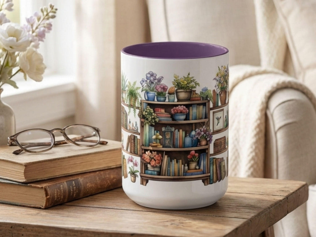 Watercolor Bookshelf Mug, Book Lover Gift Mug