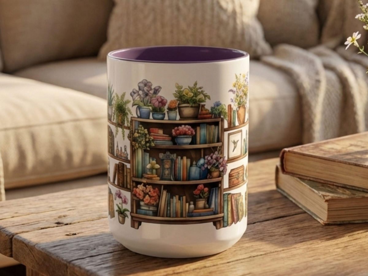 Watercolor Bookshelf Mug, Book Lover Gift Mug
