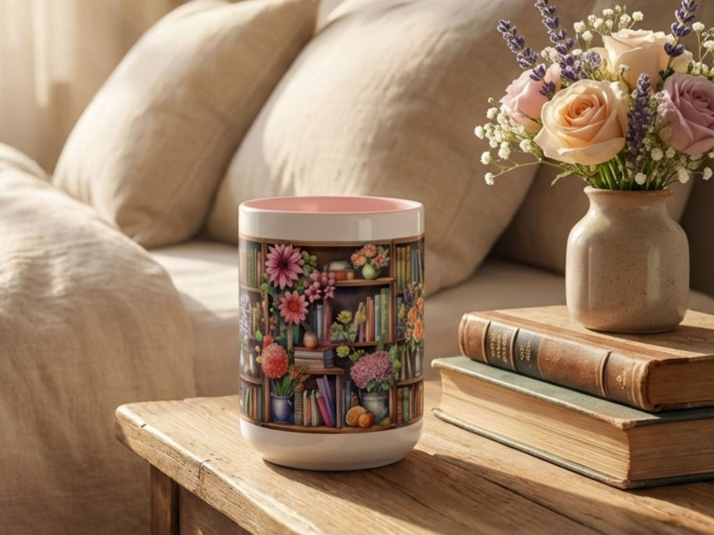 Cozy Floral Bookshelf Mug, Flowers and Book Lover Gift