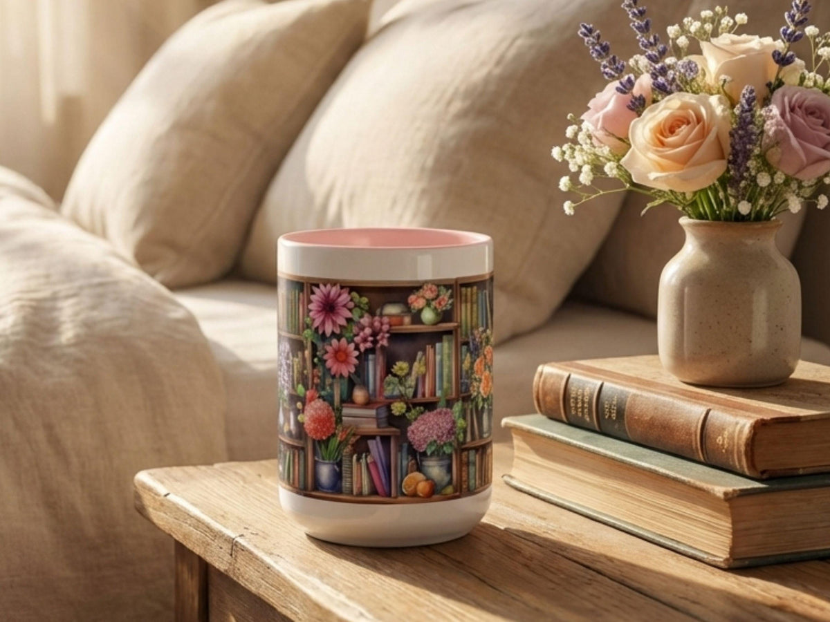 Cozy Floral Bookshelf Mug, Flowers and Book Lover Gift