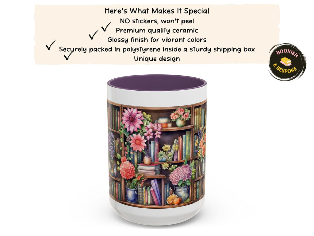 Cozy Floral Bookshelf Mug, Flowers and Book Lover Gift