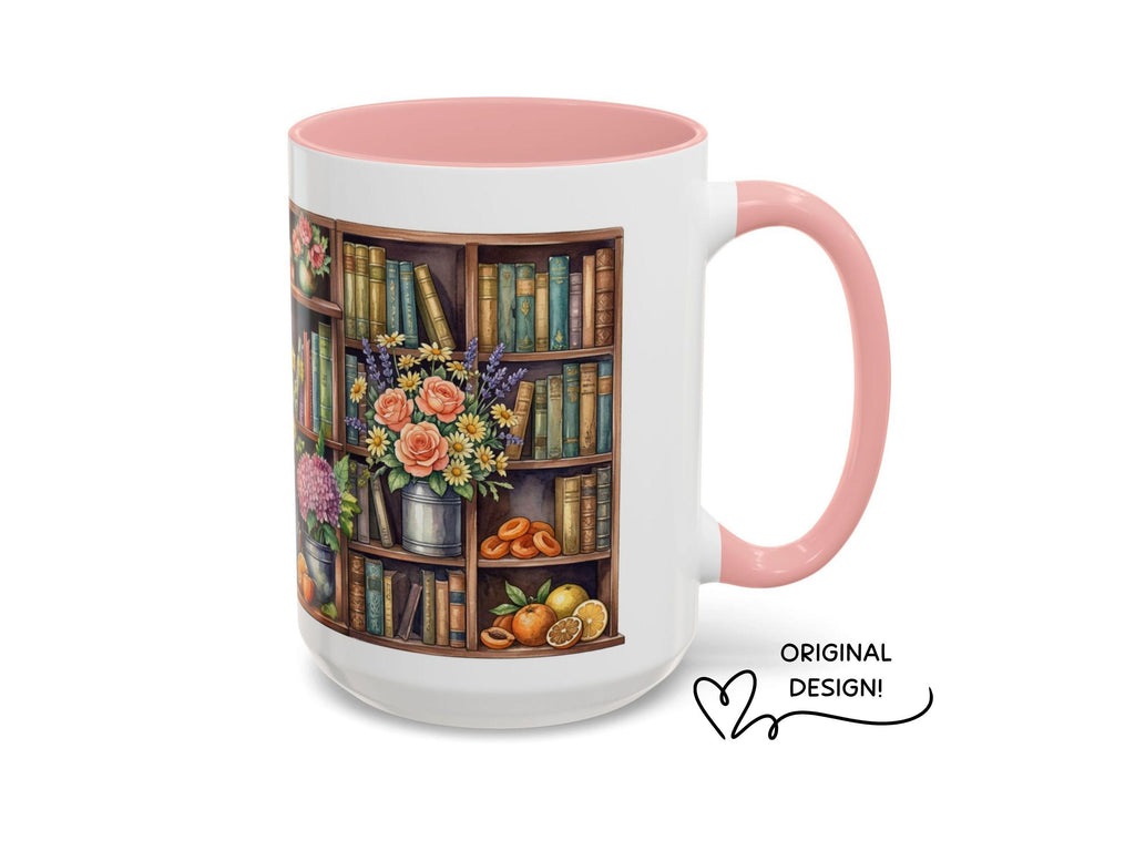 Cozy Floral Bookshelf Mug, Flowers and Book Lover Gift