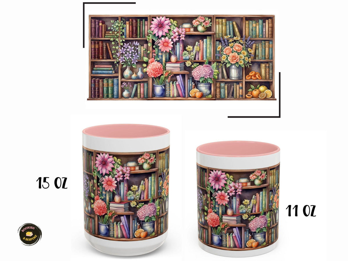 Cozy Floral Bookshelf Mug, Flowers and Book Lover Gift