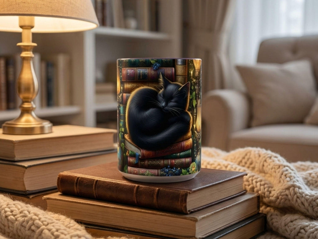 Black Cat Sleeping on Books Mug, Cozy Library Art, Dark Academia Drinkware