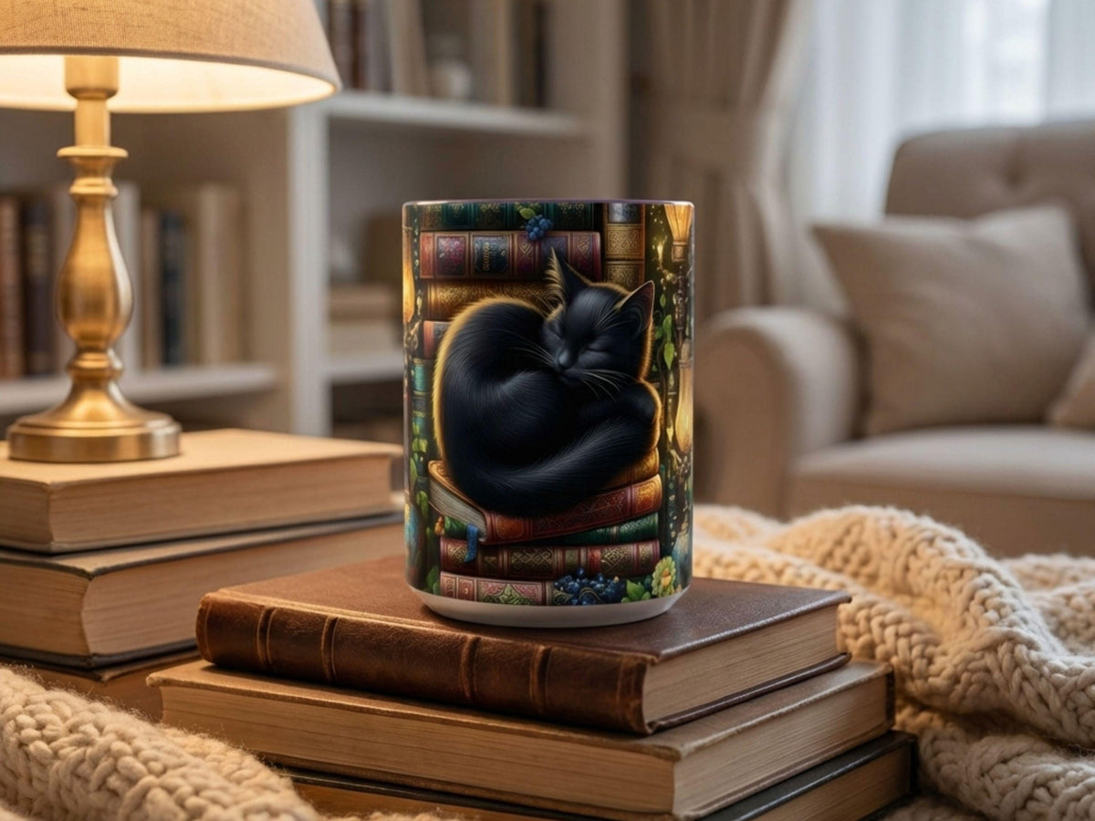 Black Cat Sleeping on Books Mug, Cozy Library Art, Dark Academia Drinkware