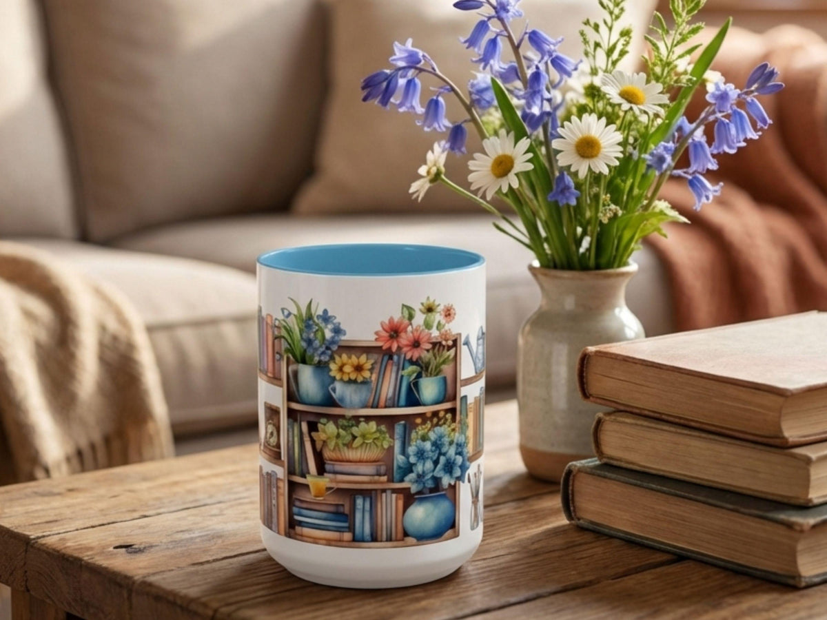 Floral Bookshelf Watercolor Mug, Cozy Reader Gift, Book Lover Ceramic Cup