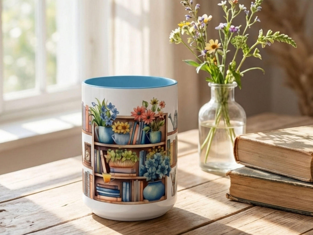 Floral Bookshelf Watercolor Mug, Cozy Reader Gift, Book Lover Ceramic Cup