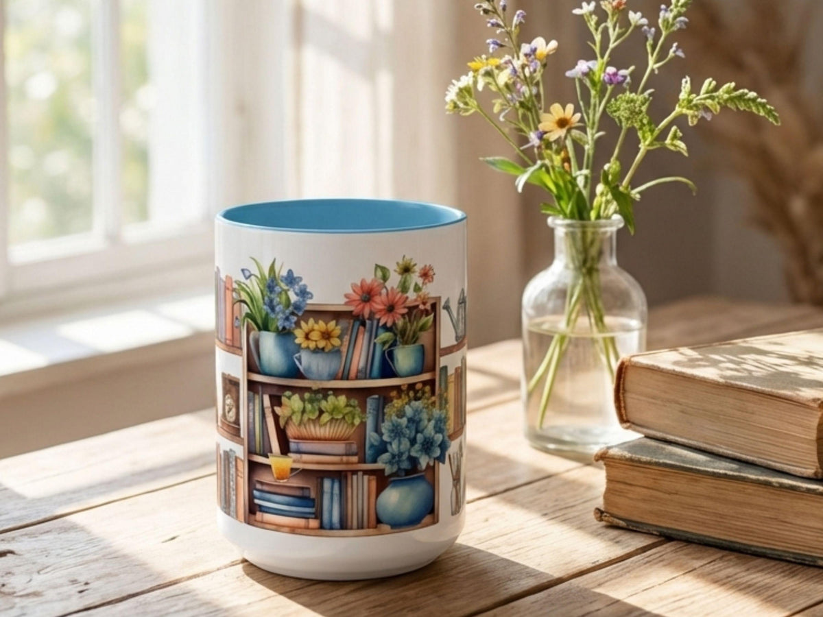 Floral Bookshelf Watercolor Mug, Cozy Reader Gift, Book Lover Ceramic Cup
