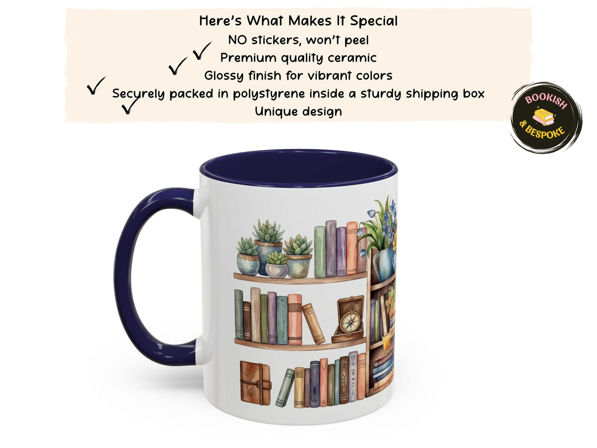Floral Bookshelf Watercolor Mug, Cozy Reader Gift, Book Lover Ceramic Cup