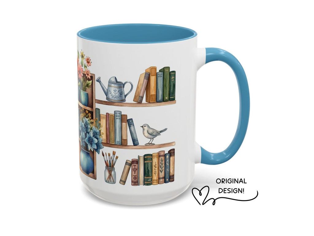Floral Bookshelf Watercolor Mug, Cozy Reader Gift, Book Lover Ceramic Cup