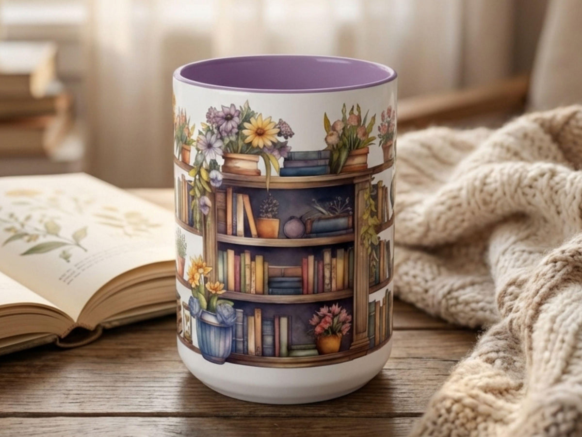 Watercolor Bookshelf Mug, Floral Reading Nook Ceramic Cup, Book Lover Gift