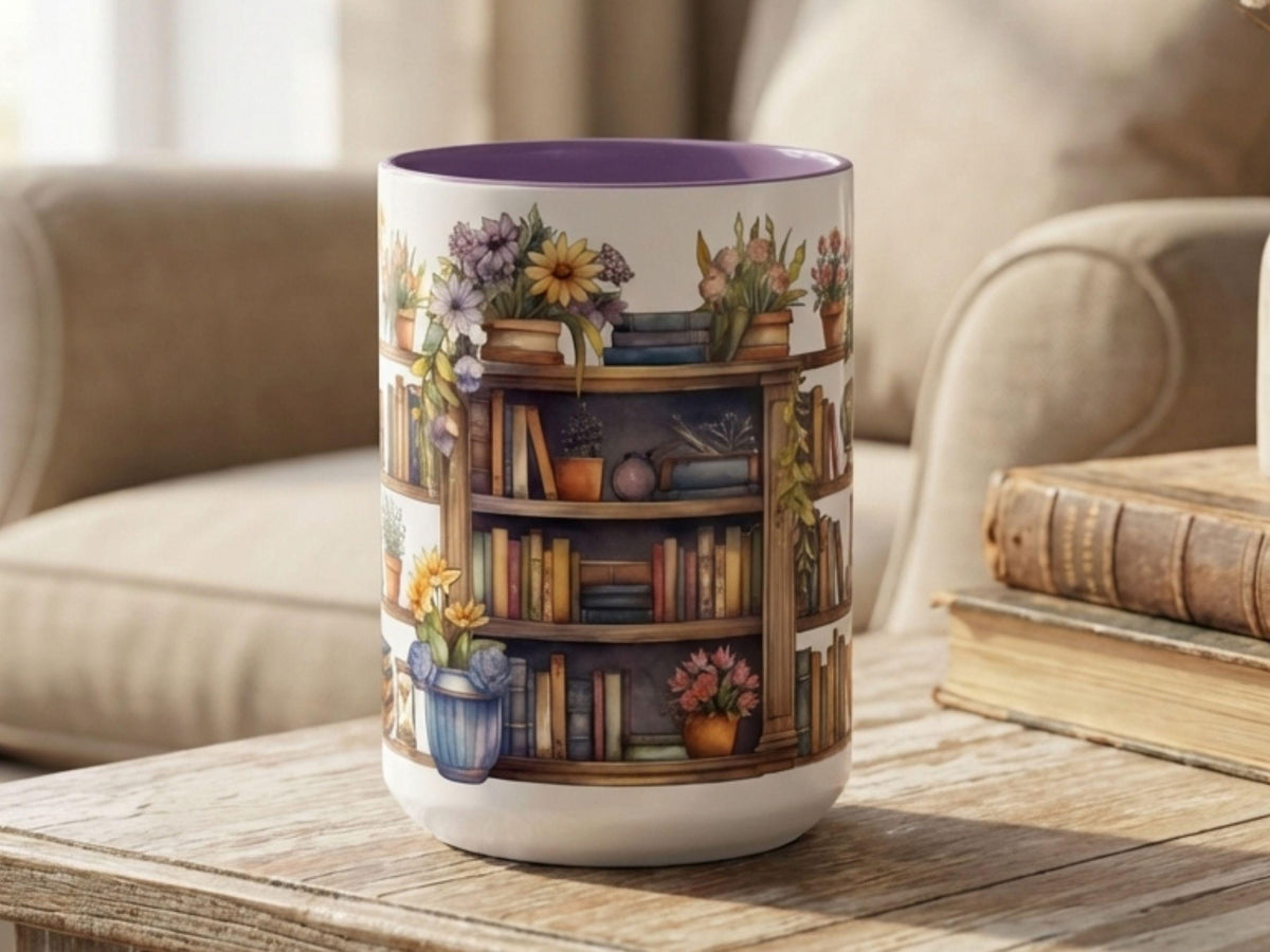 Watercolor Bookshelf Mug, Floral Reading Nook Ceramic Cup, Book Lover Gift
