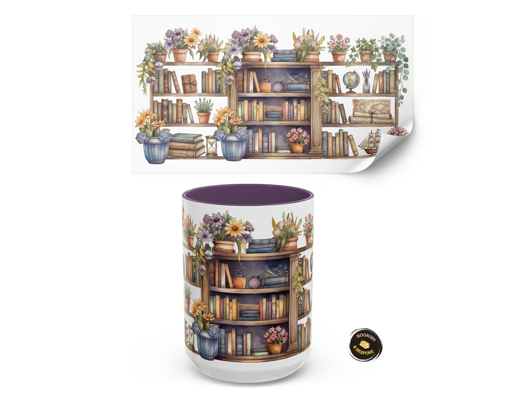 Watercolor Bookshelf Mug, Floral Reading Nook Ceramic Cup, Book Lover Gift