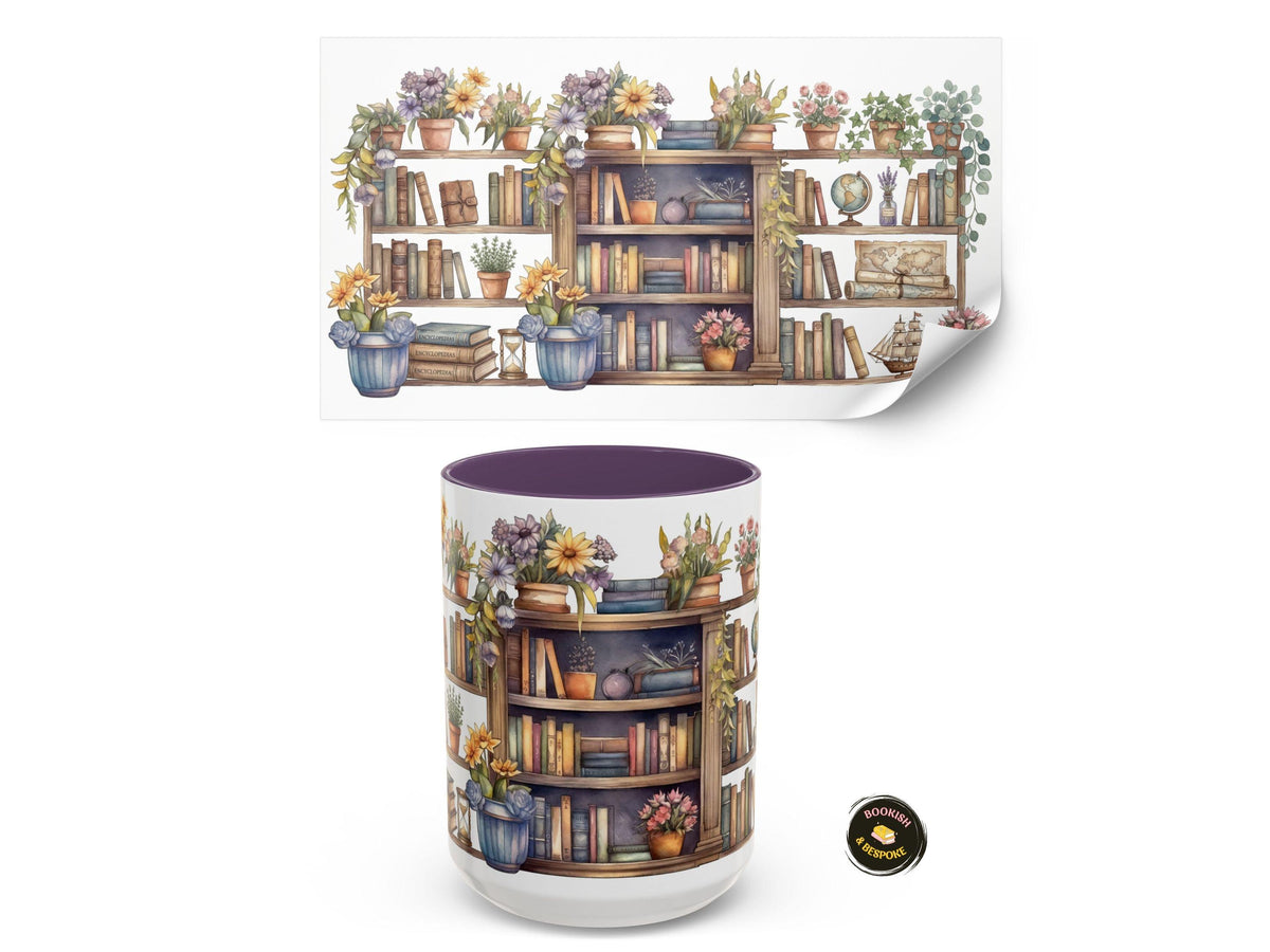 Watercolor Bookshelf Mug, Floral Reading Nook Ceramic Cup, Book Lover Gift