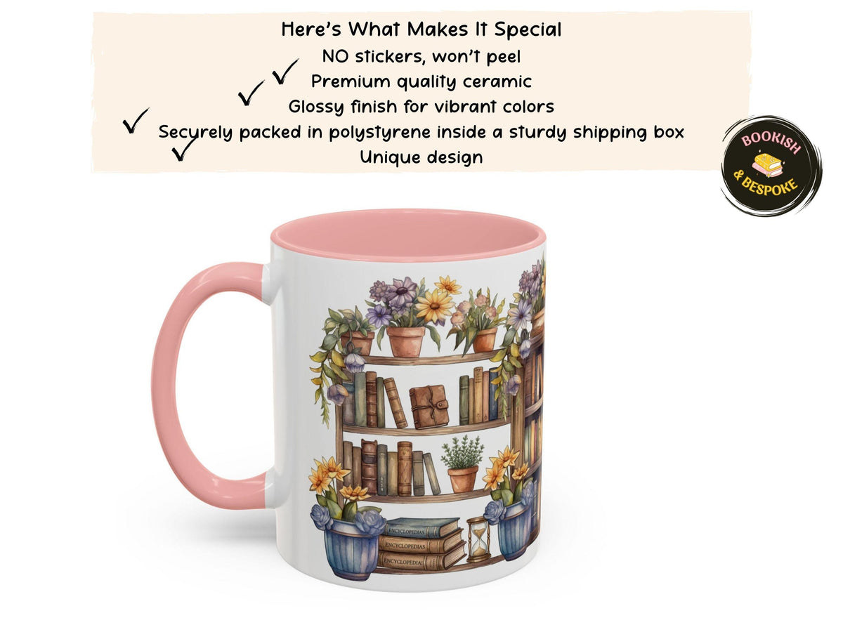 Watercolor Bookshelf Mug, Floral Reading Nook Ceramic Cup, Book Lover Gift