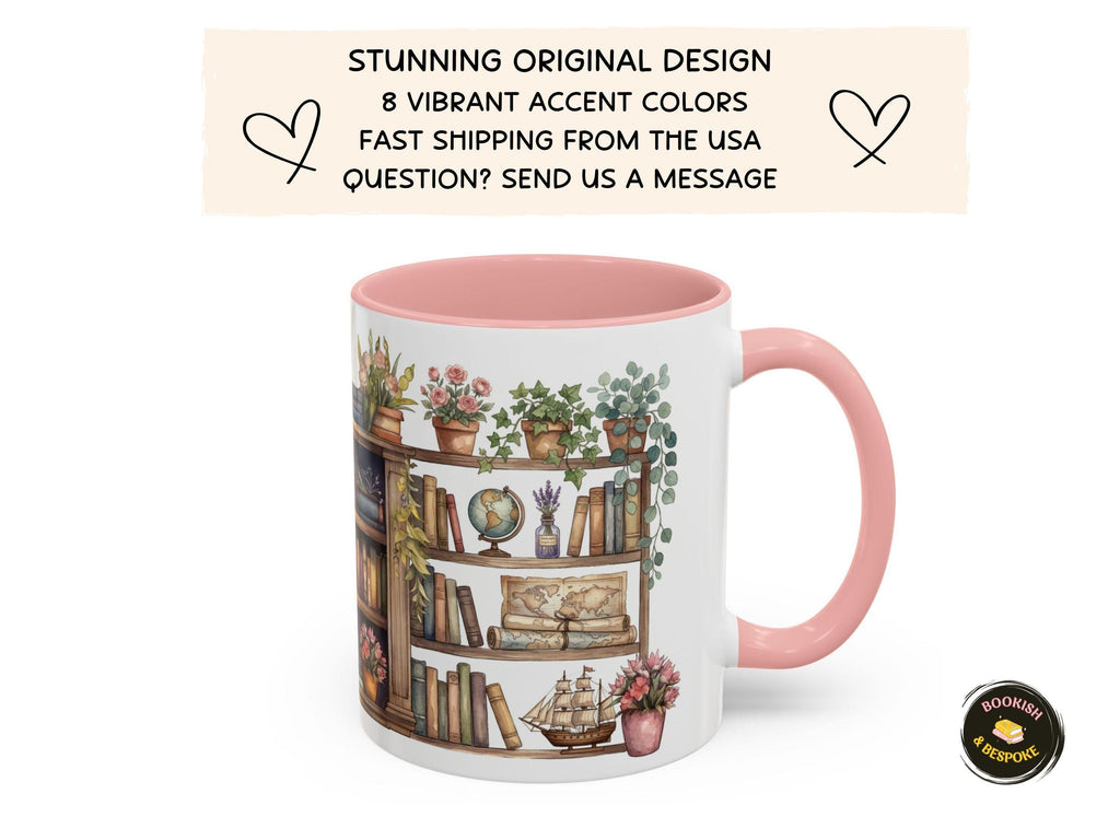 Watercolor Bookshelf Mug, Floral Reading Nook Ceramic Cup, Book Lover Gift