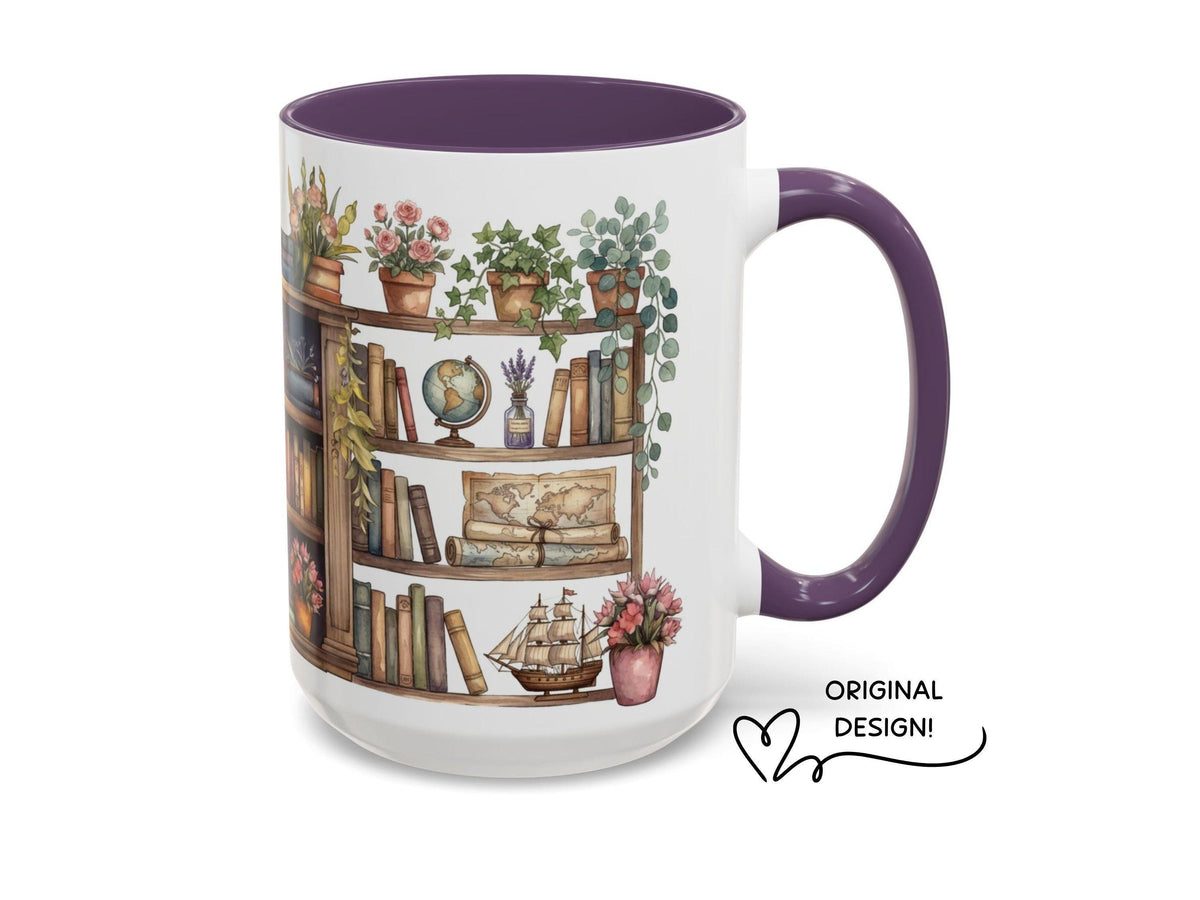 Watercolor Bookshelf Mug, Floral Reading Nook Ceramic Cup, Book Lover Gift