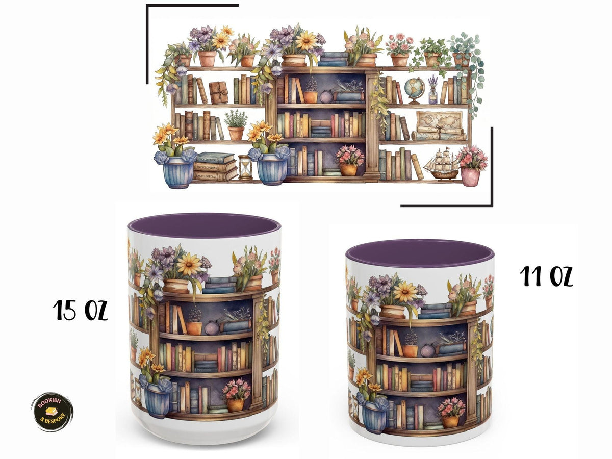 Watercolor Bookshelf Mug, Floral Reading Nook Ceramic Cup, Book Lover Gift