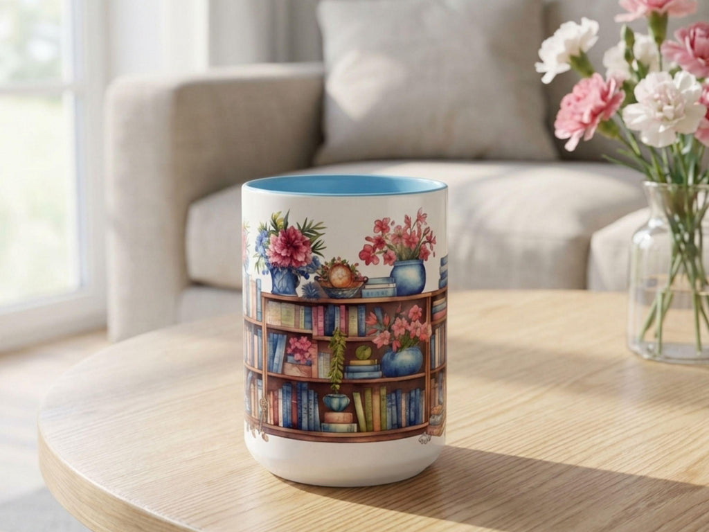 Floral Bookshelf Watercolor Mug, Colorful Reader Gift, Cozy Reading Ceramic Cup