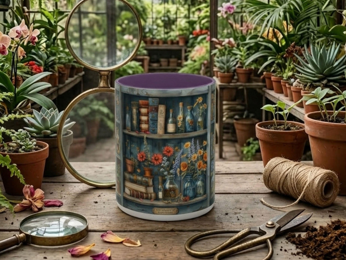 Herbal Apothecary Mug, Botanical Library, Cozy Reader, Cottagecore Book Lover