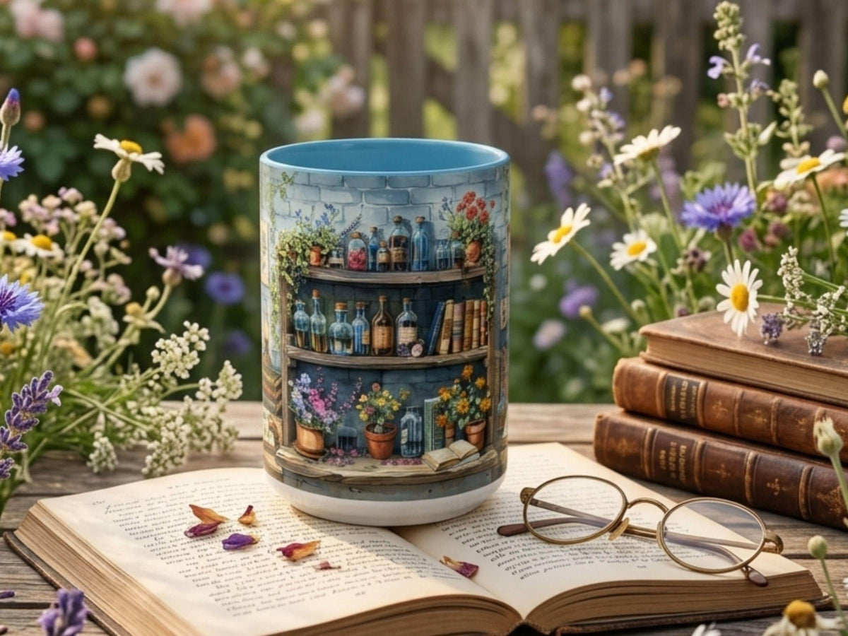 Vintage Apothecary Bookshelf Mug, Botanical Library Ceramic Cup, Cozy Reader Gift