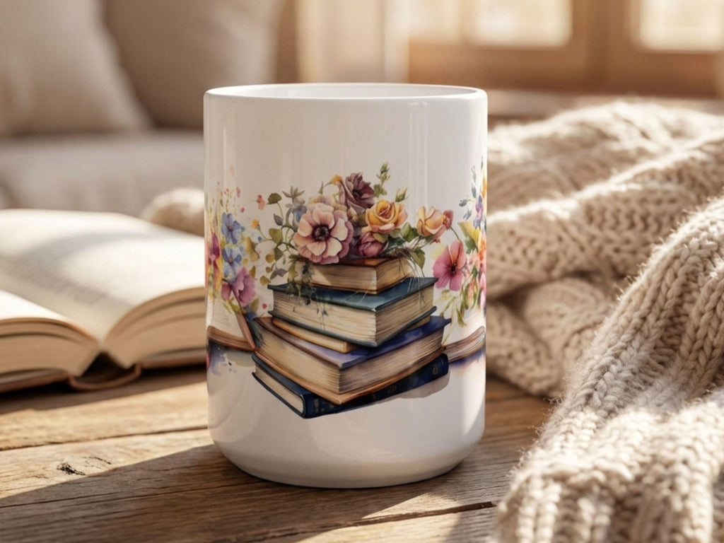Floral Books Ceramic Mug, Book Lover Gift