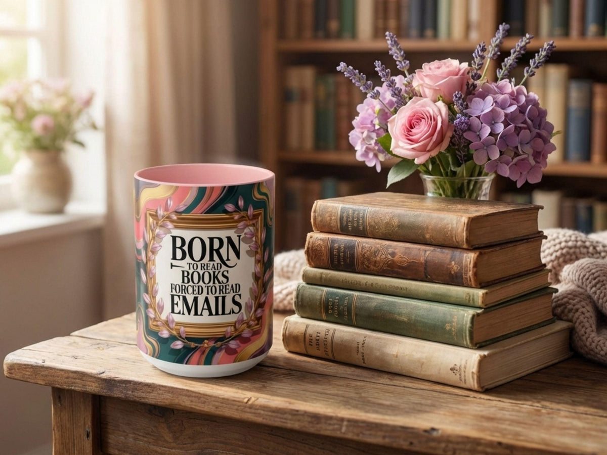 Funny Book Lover Mug, Born Books Forced Emails Coffee Cup, Bookish Humor Mug