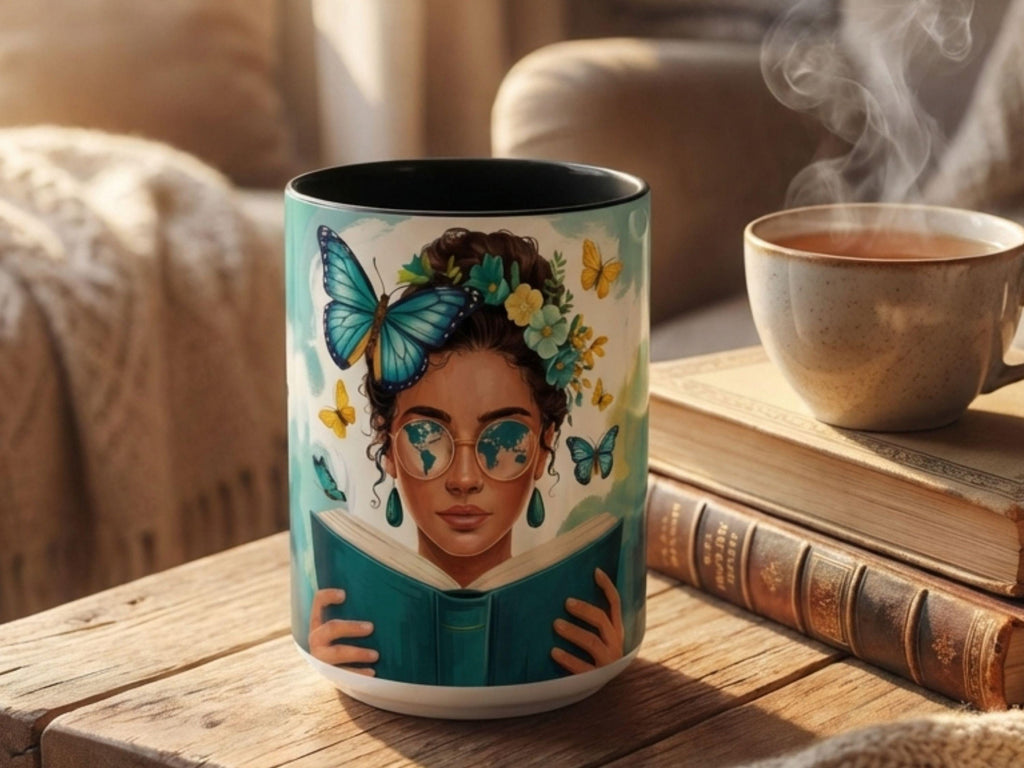 Travel Lover Mug, Bookish Gift for Student, Reader Mug, Wanderlust Gift, Book Lover Coffee Mug, Butterfly Reader Art Cup