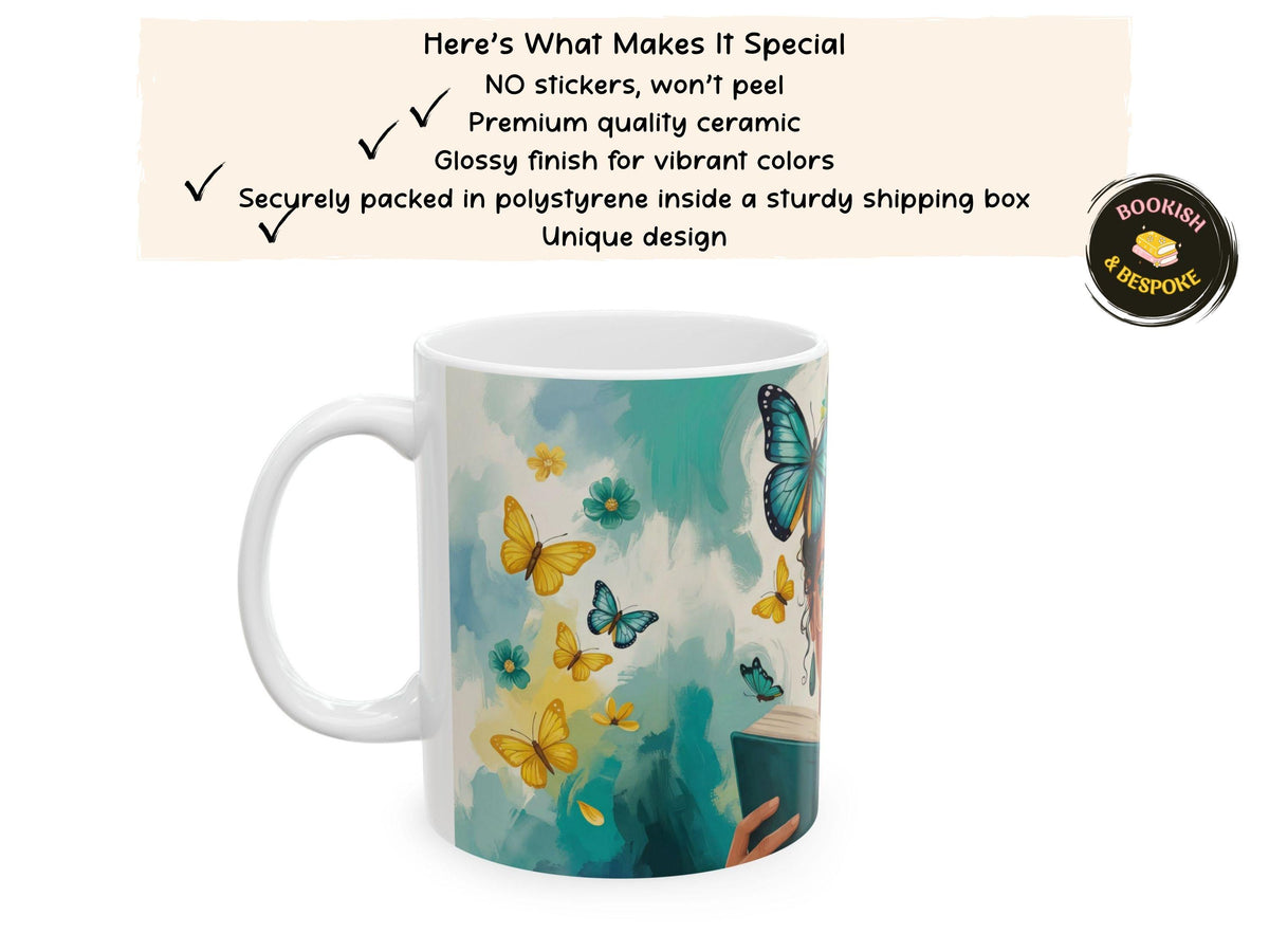 Travel Lover Mug, Bookish Gift for Student, Reader Mug, Wanderlust Gift, Book Lover Coffee Mug, Butterfly Reader Art Cup