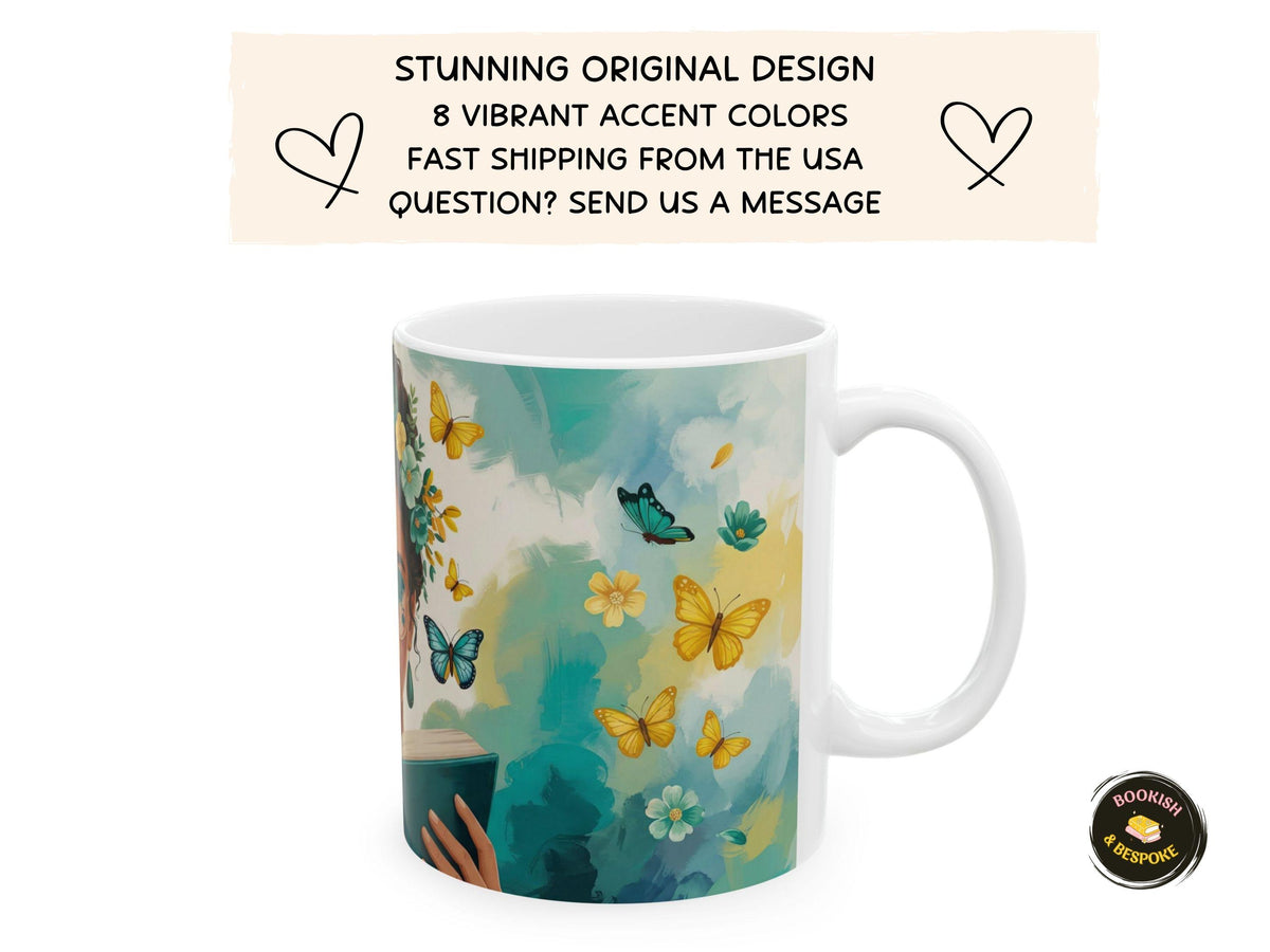 Travel Lover Mug, Bookish Gift for Student, Reader Mug, Wanderlust Gift, Book Lover Coffee Mug, Butterfly Reader Art Cup