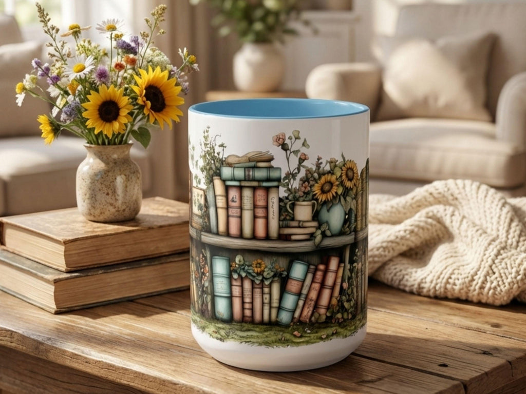 Sunflower Bookshelf Mug, Cozy Reading Gift, Literary Lover Ceramic Cup