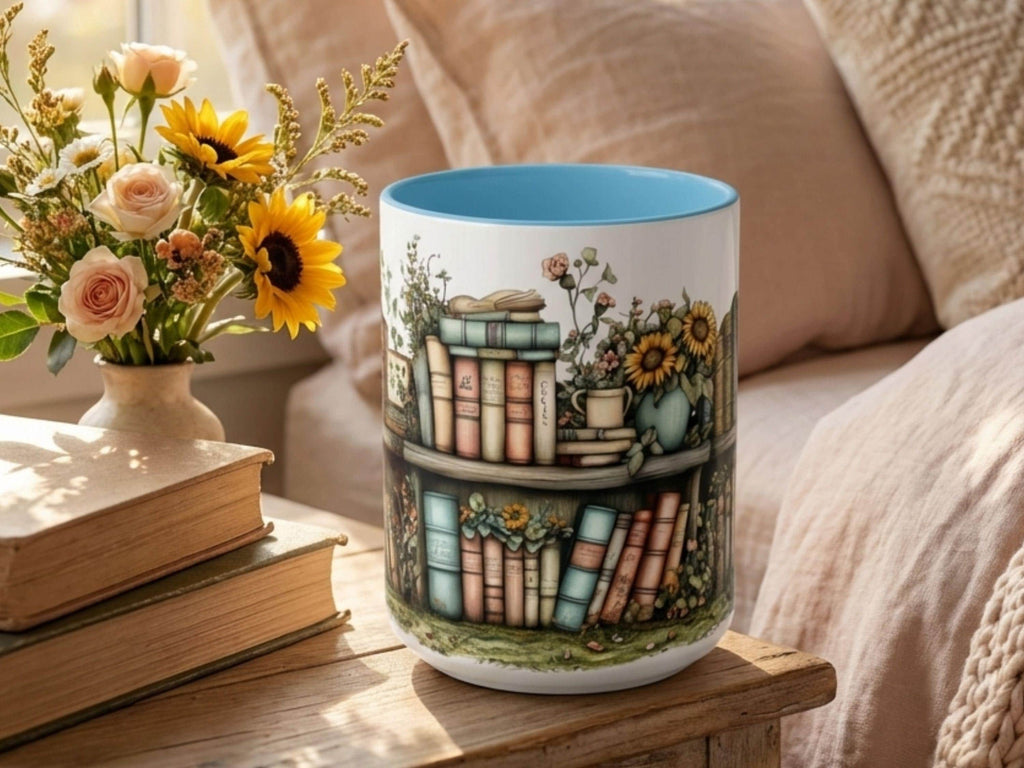 Sunflower Bookshelf Mug, Cozy Reading Gift, Literary Lover Ceramic Cup