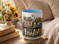 Sunflower Bookshelf Mug, Cozy Reading Gift, Literary Lover Ceramic Cup