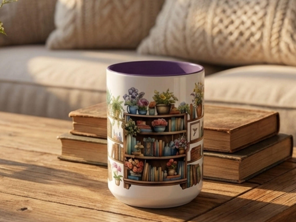Watercolor Bookshelf Mug, Book Lover Gift Mug