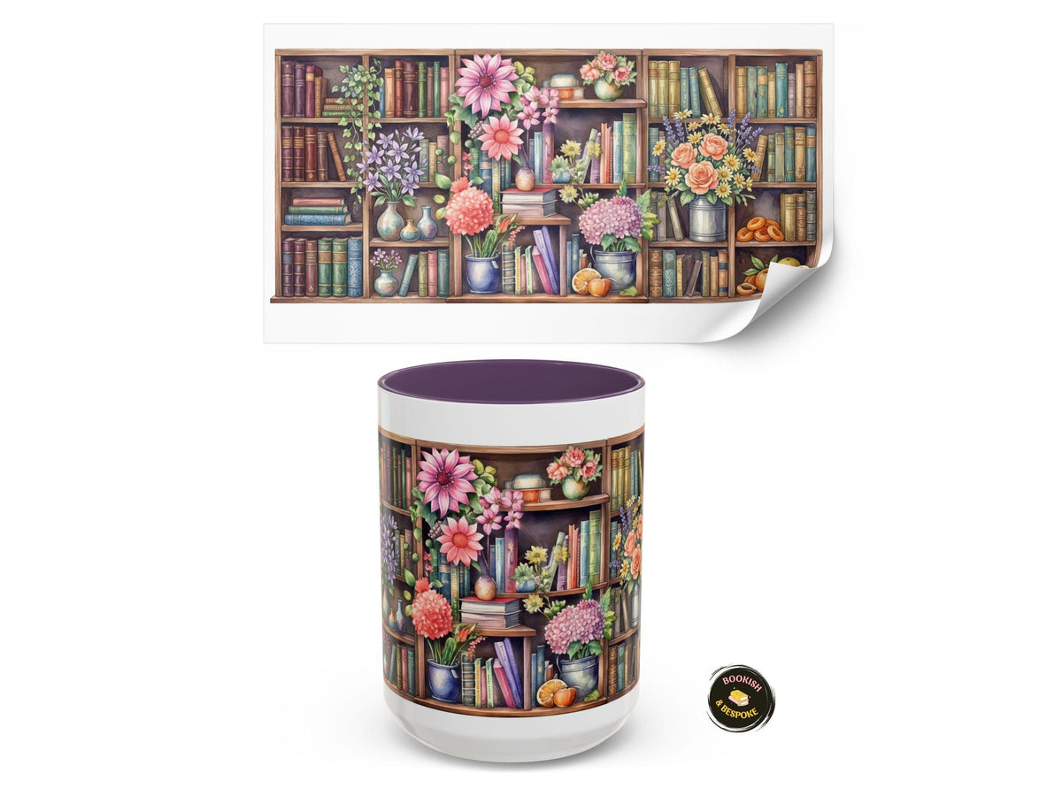 Cozy Floral Bookshelf Mug, Flowers and Book Lover Gift