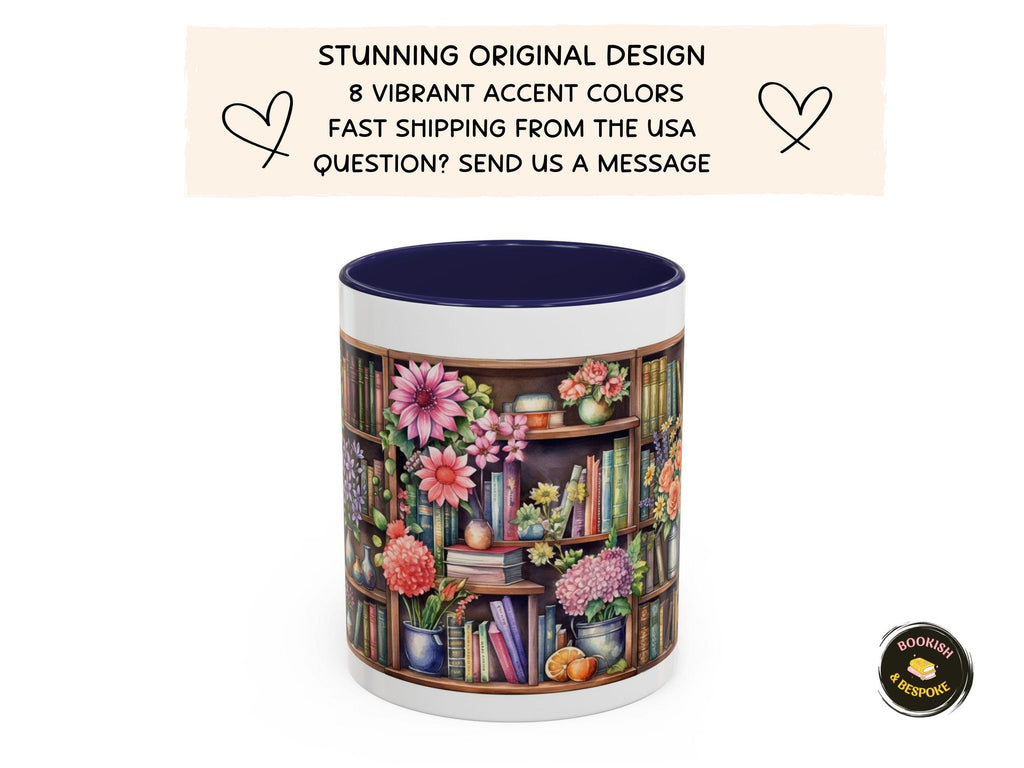 Cozy Floral Bookshelf Mug, Flowers and Book Lover Gift