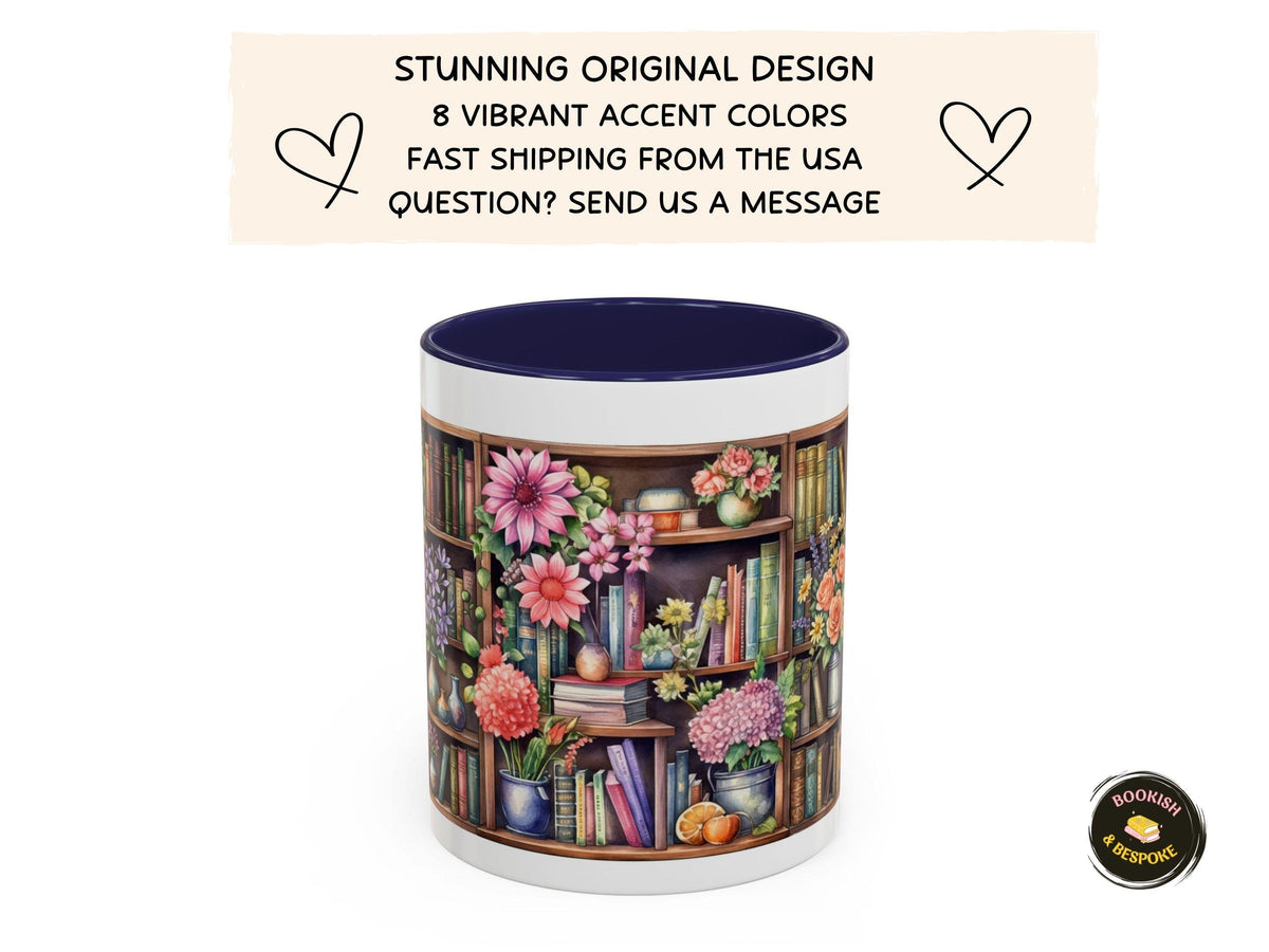 Cozy Floral Bookshelf Mug, Flowers and Book Lover Gift