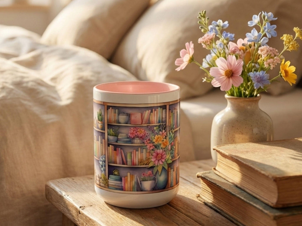 Bookshelf Mug Gift for Book Lover, Floral Cozy Reader Cup