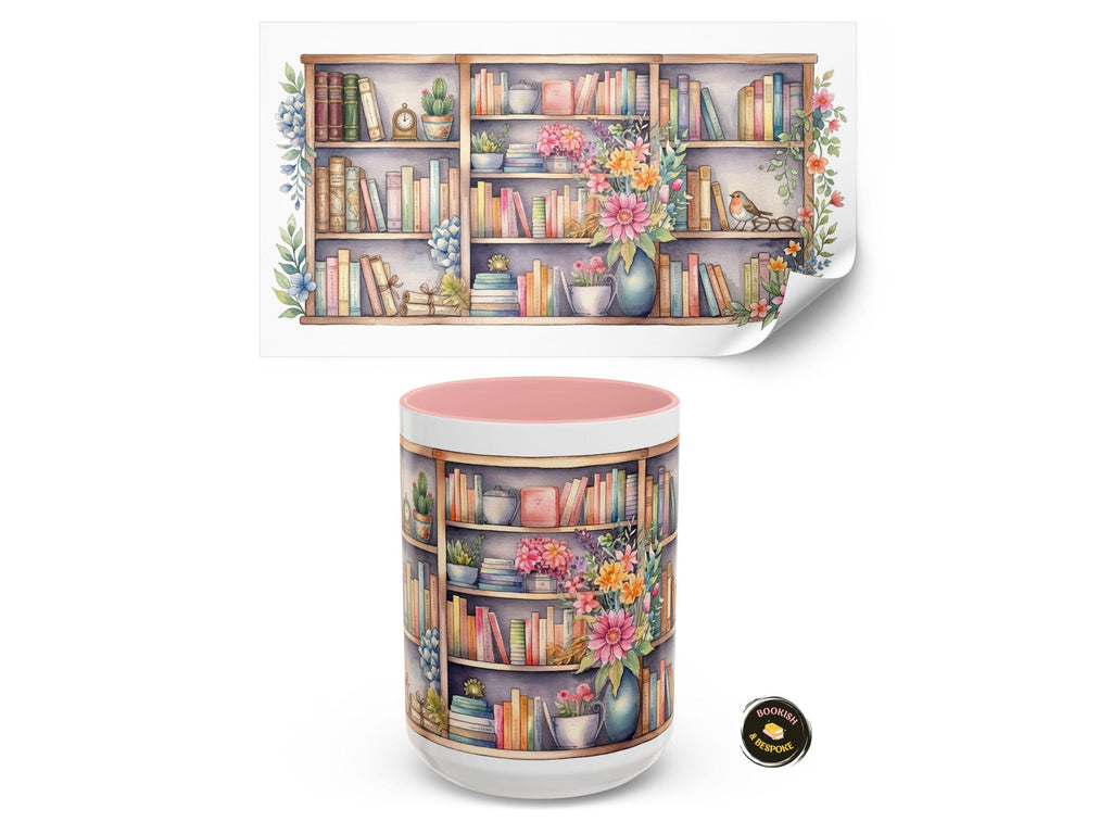 Bookshelf Mug Gift for Book Lover, Floral Cozy Reader Cup