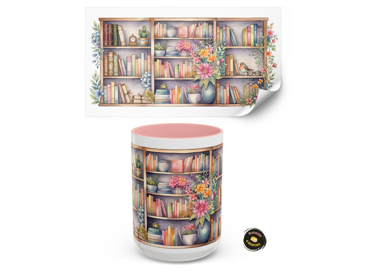 Bookshelf Mug Gift for Book Lover, Floral Cozy Reader Cup