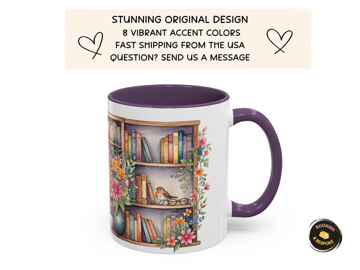 Bookshelf Mug Gift for Book Lover, Floral Cozy Reader Cup