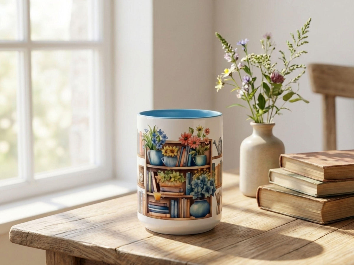 Floral Bookshelf Watercolor Mug, Cozy Reader Gift, Book Lover Ceramic Cup
