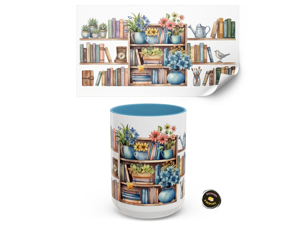 Floral Bookshelf Watercolor Mug, Cozy Reader Gift, Book Lover Ceramic Cup