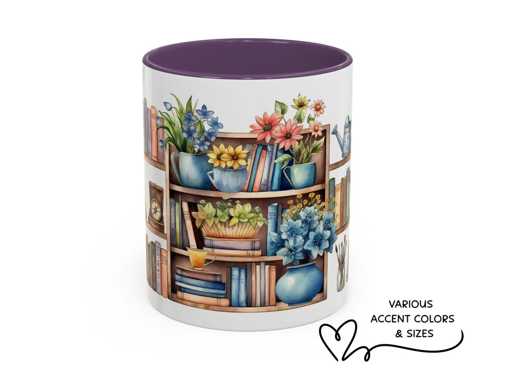 Floral Bookshelf Watercolor Mug, Cozy Reader Gift, Book Lover Ceramic Cup