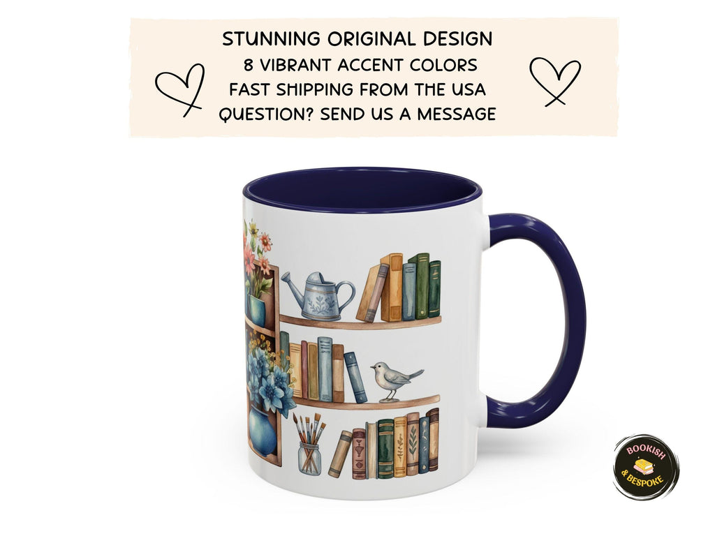 Floral Bookshelf Watercolor Mug, Cozy Reader Gift, Book Lover Ceramic Cup