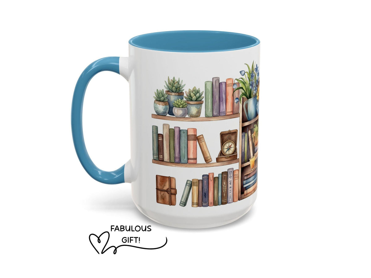 Floral Bookshelf Watercolor Mug, Cozy Reader Gift, Book Lover Ceramic Cup